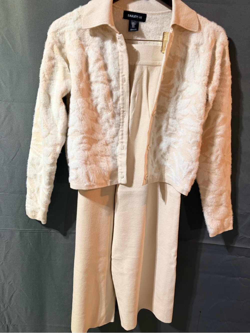 Bailey 44 Cream Faux-Fur Button Front sweater and pants set